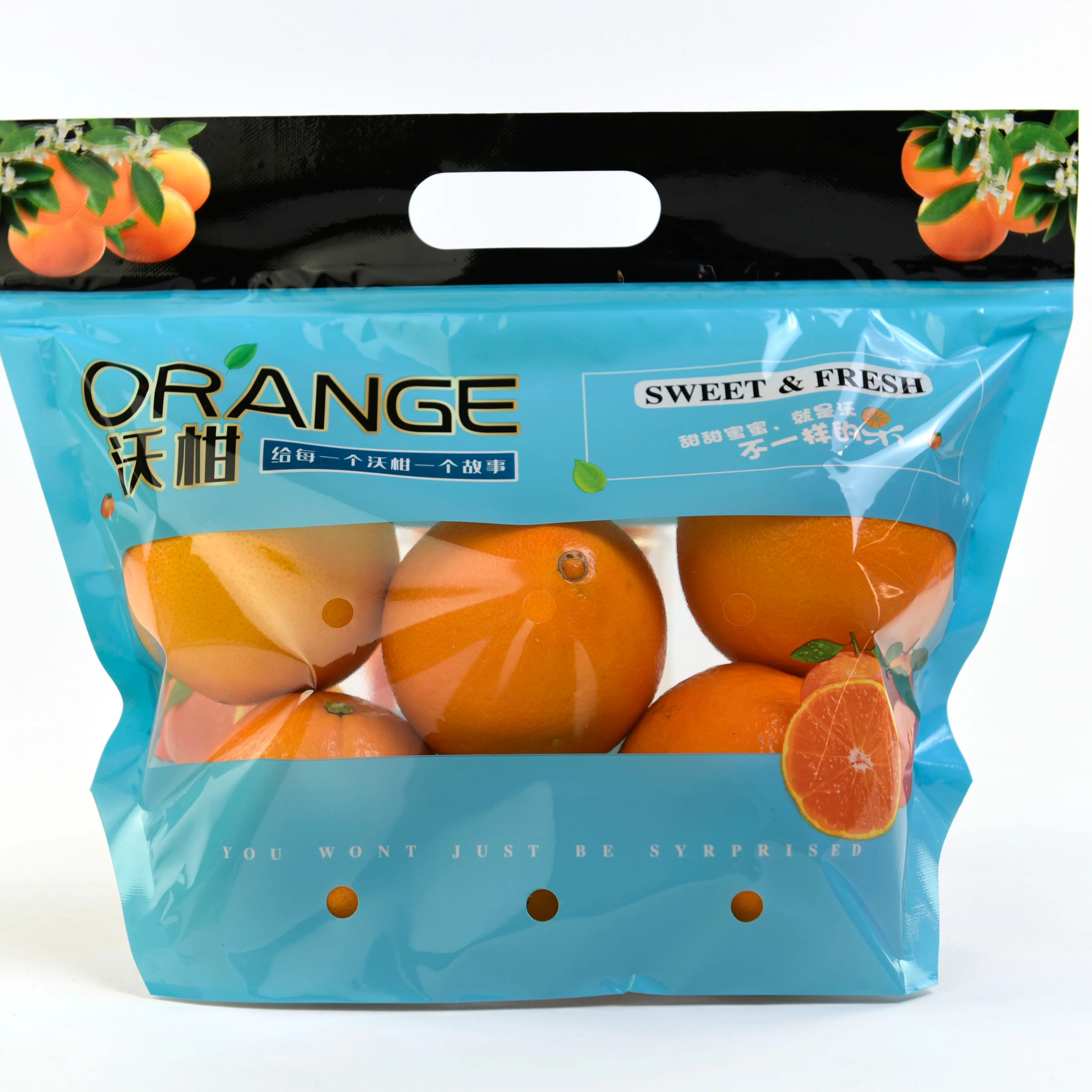 Clear fresh fruit packaging bag with zipper and vent hole for Orange Grape Cherry Tomatoes