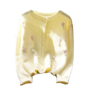 Sweater Rajut Wanita Musim Gugur Musim Dingin, Motif Bunga 3D Lembut Warna Pink, Kancing Tunggal, Gaya Retro Korea, <span class=keywords><strong>Cardigan</strong></span> Vintage, Kerah Lebar, Model Pendek - Product Image 2