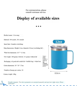 Mug à café isotherme à double paroi en acier inoxydable 18/8 de 12 oz avec poignée et couvercle, pour voyage et camping, personnalisable avec logo - Product Image 2