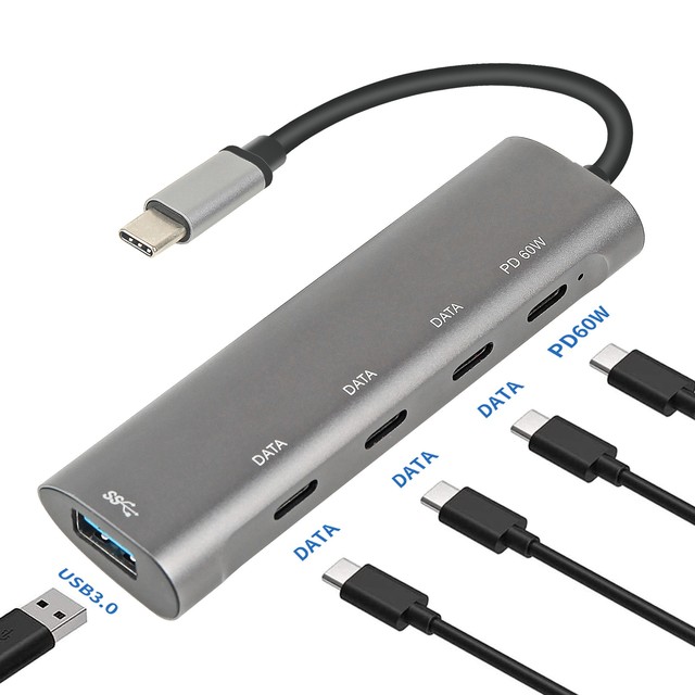 New Usb Hub 5 in 1 Usb-c to Usb3.0 and 4 Usb-c Ports Pd65W Hub Docking Station