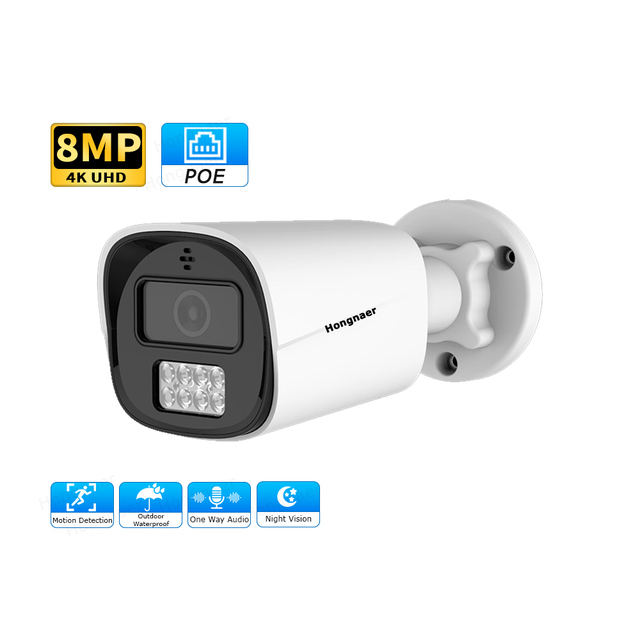 Hongnaer One Way Audio Outdoor Wireless Video Surveillance IP Bullet Camera 8MP 4K Waterproof Security CCTV POE Network Camera