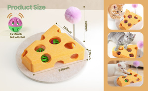 Jouet interactif pour chat en laine écologique, distributeur de friandises durable en feutre en forme de fromage, avec boule sonore et baguette de stimulation - Product Image 2