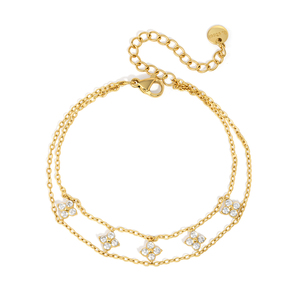 เครื่องประดับ J&D สร้อยข้อมือรูปใบโคลเวอร์สี่แฉกสองชั้น ชุบทอง 18K ประดับเพชรซิร์โคเนียสีขาว ทำจากสแตนเลสสตีล กันน้ำ สำหรับผู้หญิง - Product Image 1