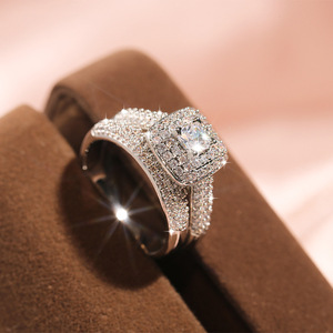 Micro Pave Full Stone Princess Cut <b>Ring</b> Set Luxury European American Engagement <b>Couple</b> <b>Rings</b> Women Fashion Jewelry - Product Image 1