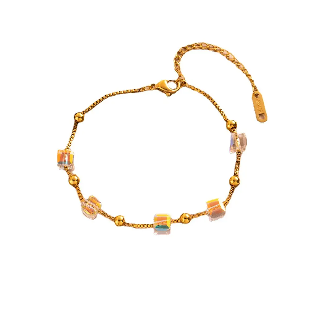 Jachon Bracelet de perles de verre en cristal à la mode en acier inoxydable plaqué or 18 carats Vente en gros Bracelet de perles carrées populaire pour femmes