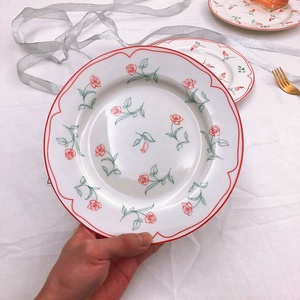 Assiette à dîner en céramique rétro coréenne, motif floral rose, assiette occidentale, assiette à dessert, assiette à fruits, assiette à gâteau - Product Image 5