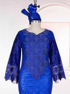 H&D WT06 Nuovi Arrivi Abiti Africani per Donne, Vestito Bazin Ricamato con Strass, Abito Casual con Foulard - Product Image 6