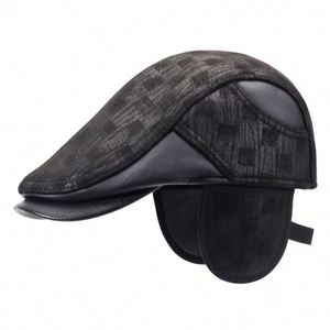 Nouvel Arrivage en Gros – Chapeau d'Hiver Chaud d'Extérieur à Calotte Plate avec Visière en PU, Style Décontracté à Carreaux, Béret avec Cache-Oreilles pour Hommes - Product Image 1