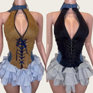 Viviblook Z808DS01 femmes moulante couleur bloquant épissage automne nouveau dos nu moelleux licou rue sans manches Mini robes - Product Image 1