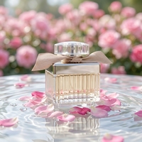 Parfum féminin en verre côtelé carré avec capuchon argenté, ruban taupe, boîte crème, senteur fleurie chaude, tenue longue durée, idéal pour les rendez-vous