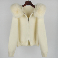 Bestseller - Pull personnalisé pour femme avec grand col en fourrure, capuche, double fermeture éclair, coupe courte et ajustée, cardigan en tricot
