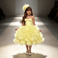 Robe mi-longue bouffante en organza à volants multicouches avec corsage à nœud pour filles, avec pince à cheveux fleur assortie, costume de princesse pour fête d'anniversaire
