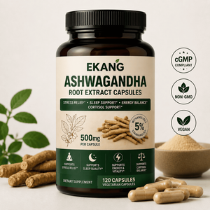Capsules d'extrait de racine d'Ashwagandha 500mg, fabrication OEM/ODM aux États-Unis, complément alimentaire à base de plantes, soulagement du stress, amélioration du sommeil, équilibre énergétique - Product Image 1
