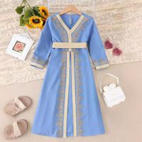 Robe traditionnelle arabe R-784 pour filles, en polyester, longueur cheville, manches longues, bordure en dentelle, vêtements pour enfants