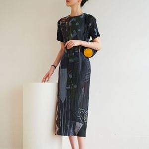 Summer Pleated Printed A-line Midi <b>Dress</b> O-Neck Short Sleeve Belt Casual Wear - Product Image 1