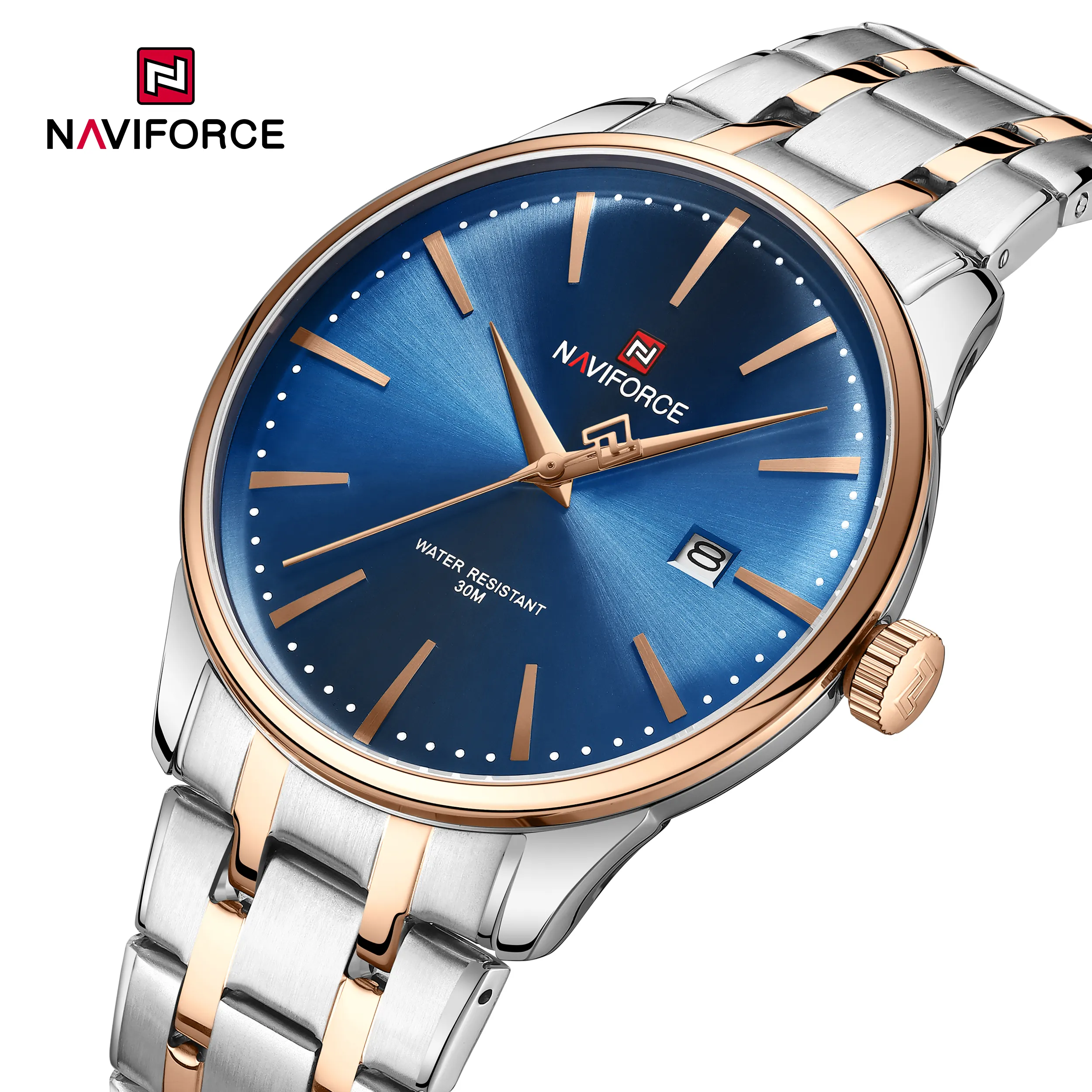 ساعة يد رجالي أصلية أحدث تصميم من NAVIFORCE لعام 2024 وسوار ذو وجه أزرق وذو وجه ذهبي كوارتز كلاسيكي للرجال وساعة من الفولاذ طراز 9230