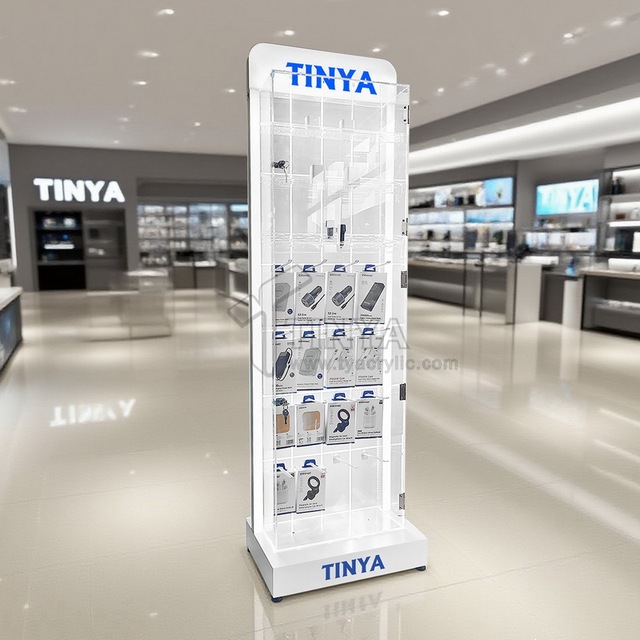 Illuminated Mobile Store Retail Merchandising Display Shelves Floor Standing Charging Cable Mobile Accessories Display Racks