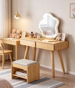 Scandinavian Solid Birch Makeup <b>Vanity</b> With <b>Lighted</b> <b>Mirror</b> And Stool Bedroom Dressing Table Set - Product Image 1