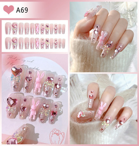 24 faux ongles à presser en acrylique, motif cœur 3D, lune, papillon, strass, nœud rose, perle, style français - Product Image 2