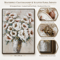 Peinture à l'huile florale texturée, bouquet de fleurs blanches en vase, accents dorés, art mural contemporain fait main sur toile, support personnalisé