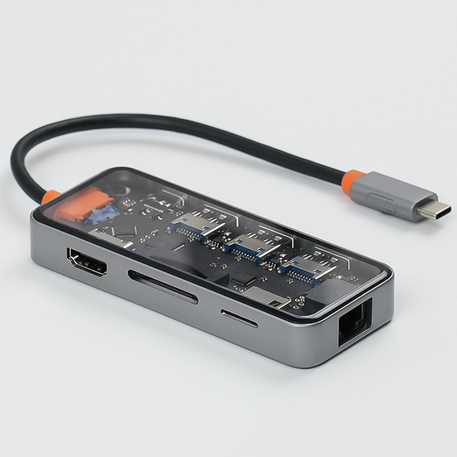 Cross-border Bestseller: Transparent 8-in-1 Type-C Docking Station, USB Hub, Gigabit Ethernet Port, and Computer Expansion