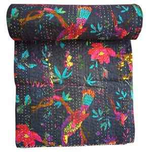 Colcha de Kantha Vintage antigua hecha a mano, edredones Reversible de algodón indio Floral acolchado, manta con estampado de bloque de mano, edredón Gudari - Product Image 5