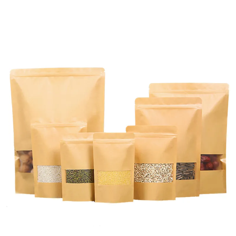 Sachet de thé Odm OEM de qualité alimentaire, pochette debout imprimée personnalisée, sac zip-lock en papier kraft brun avec fenêtres