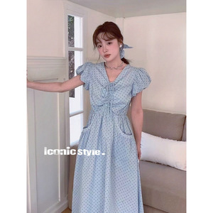 Vestido Midi de lunares <span class=keywords><strong>para</strong></span> mujer con mangas abullonadas, escote acentuado con lazo, práctico detalle de bolsillo, perfecto <span class=keywords><strong>para</strong></span> días de trabajo informales - Product Image 3