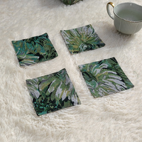 Posavasos Cuadrado de Tela con Diseño de Hojas Verdes, Resistente a las Manchas y al Calor, Tejido a Mano, Estilo Cabaña Forestal