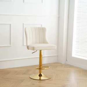 Taburete de Bar Moderno de Terciopelo con Respaldo Acolchado de Canales Verticales, Base de Metal Dorado, Silla Giratoria Ajustable para Hogar y Restaurante - Product Image 5