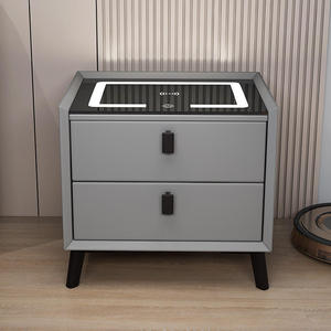 Table de chevet minimaliste en bois avec éclairage LED, charge sans fil, 2 tiroirs, mobilier de chambre moderne pour la maison et l'appartement - Product Image 2