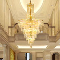 Lustre long en cristal doré de luxe à télécommande, à économie d'énergie, pour hall d'hôtel, centre commercial, escalier de grande taille et plafond haut