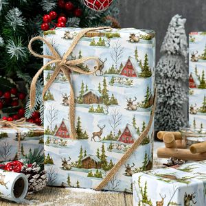 Winter Christmas festival-themed watercolor red cottage reindeer pattern gift lithographic <b>paper</b> <b>packaging</b> <b>paper</b> - Product Image 1