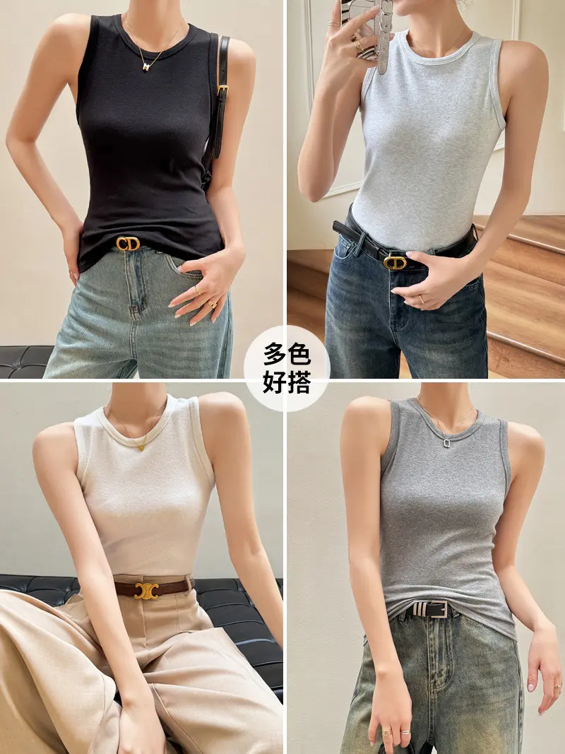 Mùa Xuân Mùa Hè Màu Đen Mỏng Kích Thước Lớn Cô Gái Dệt Kim Tank Top Với Nhỏ Cổ Tròn Không Tay Treo Đáy Vest