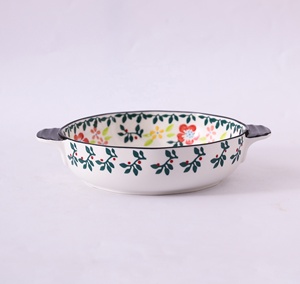 Ciotola in Ceramica Grande da 1200ml con Doppio Manico Dipinta a Mano per <span class=keywords><strong>Insalata</strong></span>, Zuppa, Frutta con <span class=keywords><strong>Disegno</strong></span> di Fiori e Piante - Product Image 1