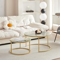 SENYU Ensemble de 2 tables basses rondes avec plateau en verre et structure en laiton, mobilier de salon contemporain, style design moderne