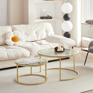 SENYU Ensemble de 2 tables basses rondes avec plateau en verre et structure en laiton, mobilier de salon contemporain, style design moderne - Product Image 2