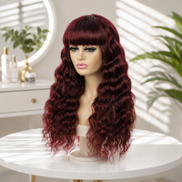 Perruque en cheveux humains bruns ombrés, ondulée profonde, fabriquée à la machine, avec frange complète, sans colle, sans dentelle, pour femme