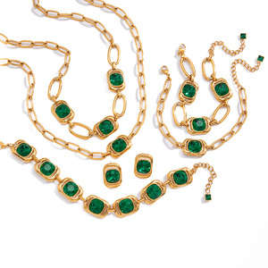 Women's Stainless Steel Green Glass Jewelry <b>Set</b> Geometric Cube Design Party Wear Bezel Setting Necklace <b>Bracelet</b> Earrings - Product Image 5