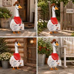 Décoration de jardin extérieure amusante : Plaque suspendue en forme de canard cowboy avec bandana rouge et chapeau marron - Product Image 6