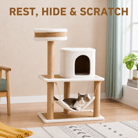Petite arbre à chat avec hamac en peluche fermé, lit de surveillance et poteaux à gratter en sisal naturel – Meuble pour animaux personnalisable
