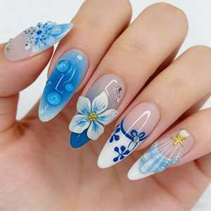 10 <span class=keywords><strong>faux</strong></span> <span class=keywords><strong>ongles</strong></span> à presser, bleu océan, motif fleur 3D, forme amande longue, coquillage et étoile de mer, <span class=keywords><strong>d</strong></span>égradé brillant, pour manucure estivale - Product Image 3