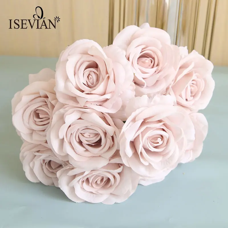 Isevian flor artificial rosa claro, rosas de seda gigantes