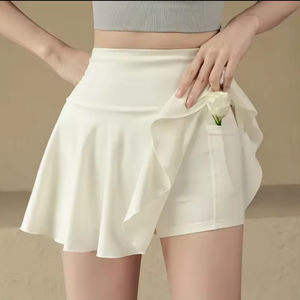กระโปรงกางเกงขาสั้นกีฬาสีขาวแบบจีบสองชิ้นสำหรับผู้หญิง รุ่นโรงงาน ผลิตสำหรับโยคะ วิ่ง แบดมินตัน-กระโปรงสีขาวเล็กๆสำหรับฤดูร้อน - Product Image 1