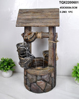 Fontaine d'eau rustique en bois avec toit en métal et seau cascade pour jardin extérieur – Vente en gros