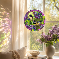 YAPPIE HD-0071 Attrape-soleil en vitrail Art Déco avec couple de moineaux et fleur violette, décoration de fenêtre, cadeau d'anniversaire, personnalisable