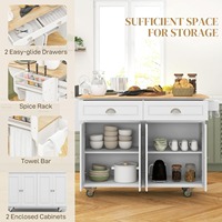 Îlot de cuisine roulant moderne blanc durable et imperméable avec roulettes, 2 tiroirs supérieurs et 2 armoires de rangement pour cuisine et salle à manger