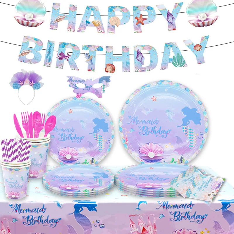 Hstyle Pastel Purple Mermaid Theme Party Eco-friendly Paper Plate Children's Birthday Party Cutlery Kit Mermaid Party Tableware