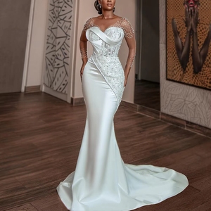 Vestidos de Novia de Satén Estilo Sirena para Mujer, Cuello Redondo, Manga Larga, Encaje, Cuentas, Pliegues, Vestidos de Novia Civiles Personalizados - Product Image 1
