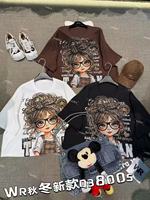 T-shirt surdimensionné pour femmes avec imprimé de dessin animé, décoration en strass, col rond, manches courtes, haut décontracté d'été